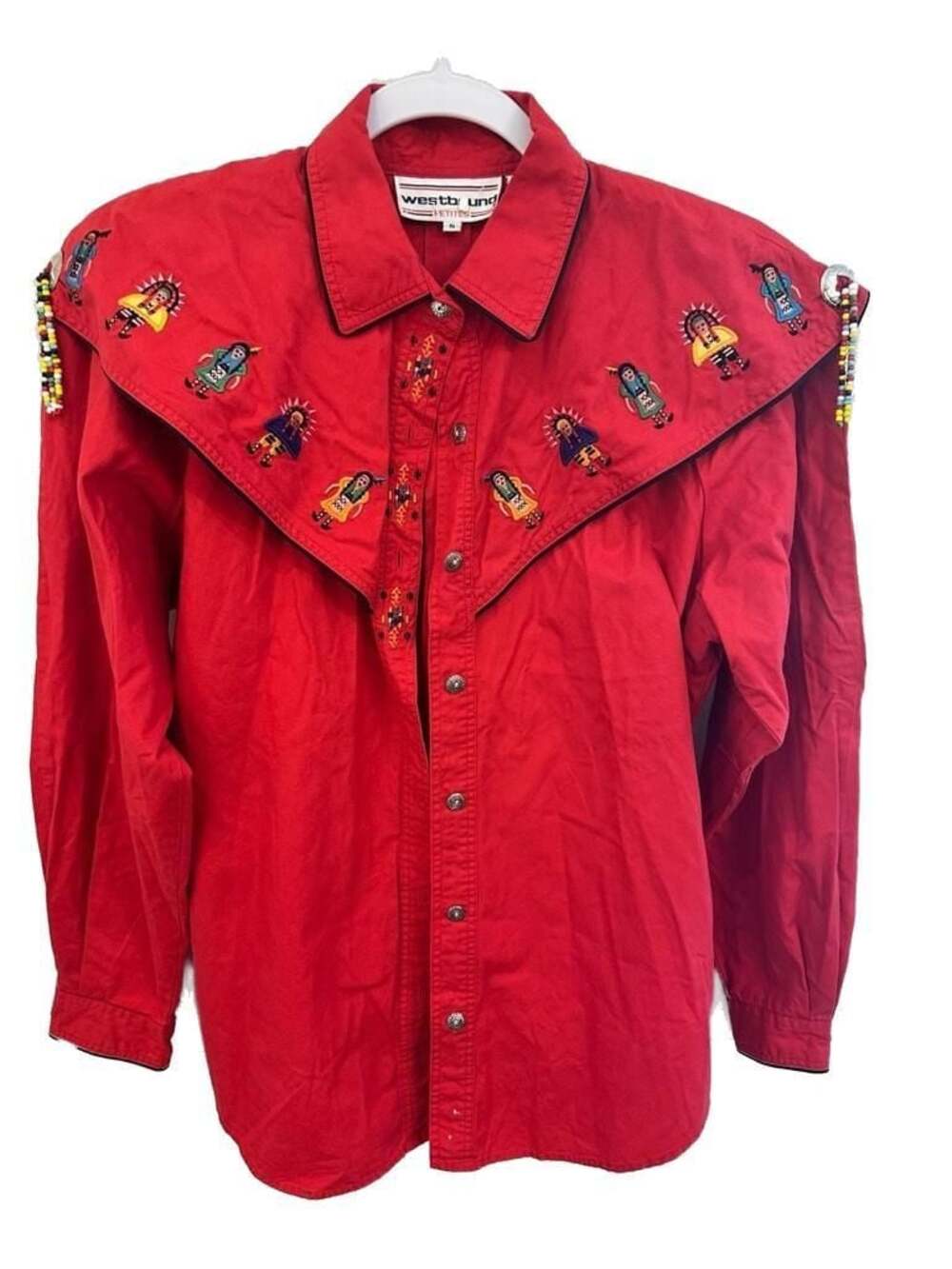 Westbound Petites Size S Red Western Embroidered Shirt with Beaded Concho Detail